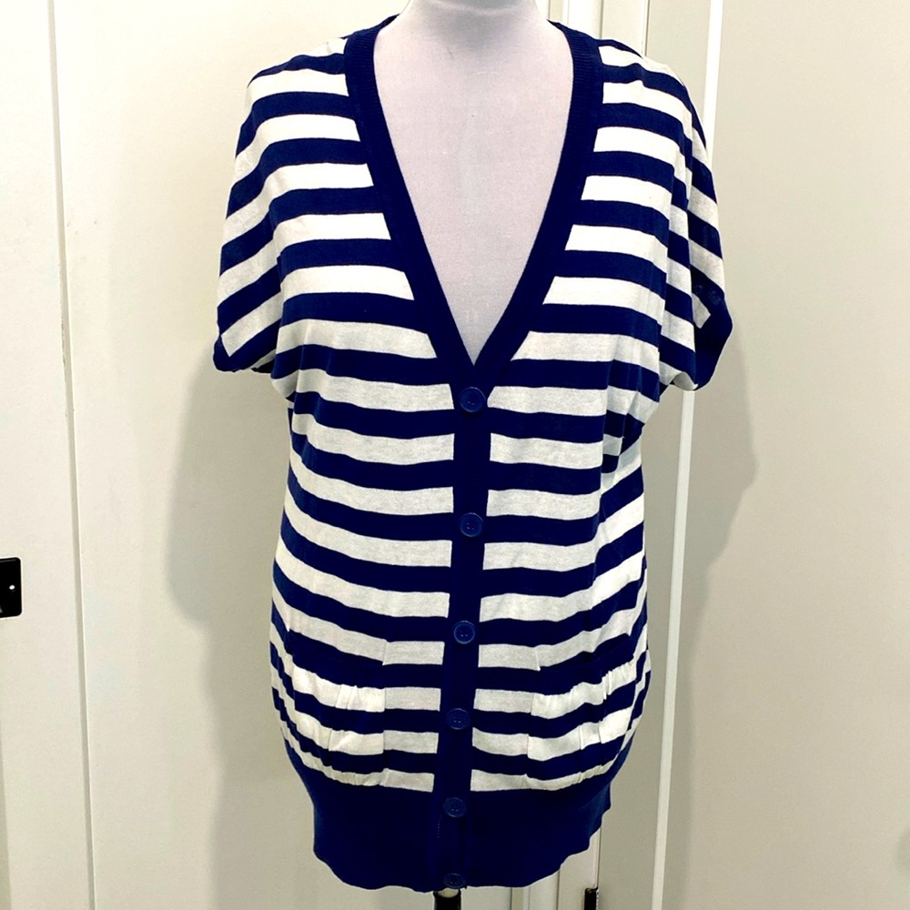 NWT Route 66 Navy Striped Short Sleeve Knit Button Front Cardigan Size XL